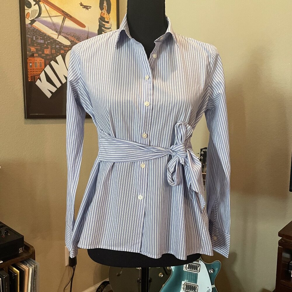 Ann Taylor Pale Blue Pinstripe Shirt with Belt tie Business Casual